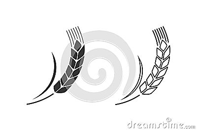 Wheat spike isolated on white background. Grain plant silhouette. Spica line icon set. Vector Illustration