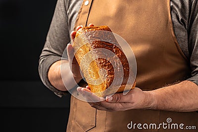 Wheat square bread in hands, domestic cozy bakery pastry. Healthy food concept. place for text Stock Photo