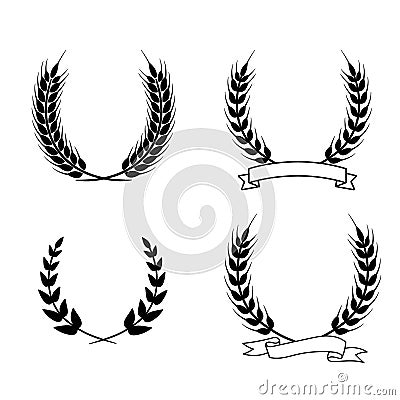 Wheat wreaths and grain spikes set icons. Wheat ears with ribbon. Vector illustration isolated Vector Illustration
