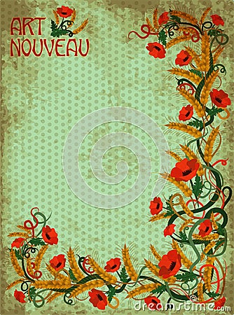 Wheaten poppies vertical banner in art nouveau style Vector Illustration