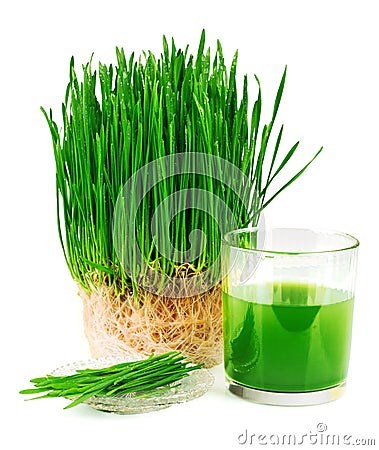 Wheatgrass juice with sprouted wheat on the plate Stock Photo