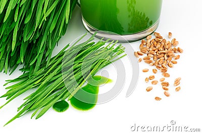 Wheatgrass juice with sprouted wheat and wheat Stock Photo