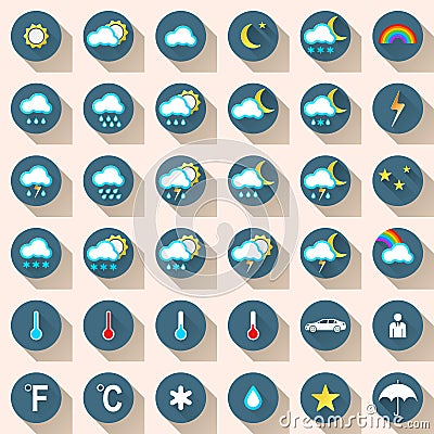 Wheather set flat icon snow, rain, sun, cloud, car, people. Vector Illustration