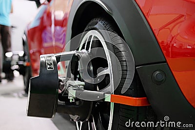 Wheel alignment equipment on a car wheel Stock Photo