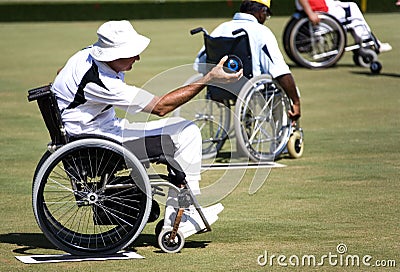 Wheel Chair Lawn Bowls for Disabled Persons (Men) Stock Photo