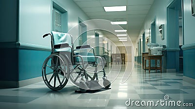 Wheel chair in a modern clinic created with Generative AI. Equipment for healtcare in a hospital. Stock Photo