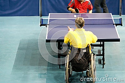 Wheel Chair Table Tennis for Disabled Persons Stock Photo