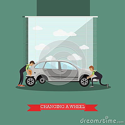 Wheel change, car repair service vector illustration in flat style Vector Illustration