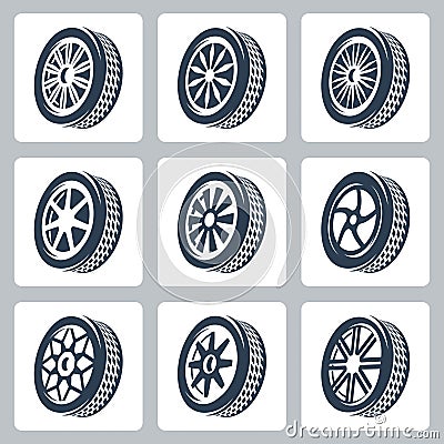 Wheel disks and tires icons Vector Illustration