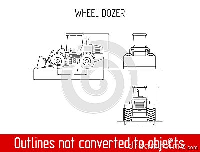 Typical wheel dozer overall dimensions outline blueprint template Vector Illustration