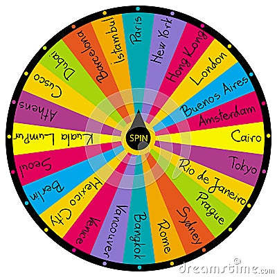 Wheel of fortune with options to choose between the most touristic cities Vector Illustration