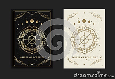 Wheel of fortune tarot card with engraving, handrawn, luxury, esoteric, boho style, fit for paranormal, tarot reader Vector Illustration