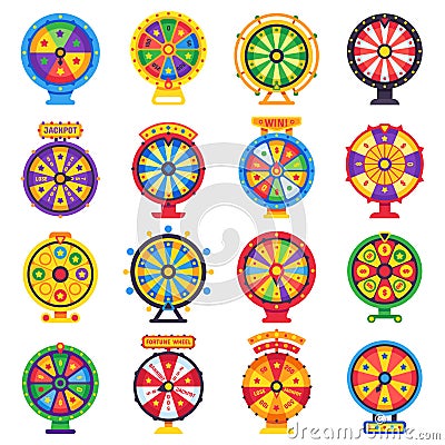 Wheel of fortune. Turning lucky spin game wheels, spinning money roulette isolated flat vector set Vector Illustration