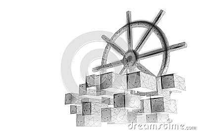 Wheel helm on container computer developer app concept. Business digital open source program. Data coding steering 3D Vector Illustration