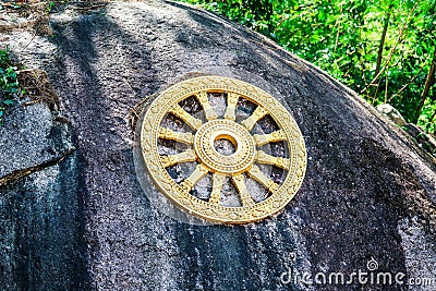 wheel of law or Dhammachakka is symbol teaching of Lord Buddha Stock Photo