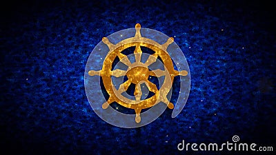 Wheel Of The Law Dharmachakra Symbol Gold Texture On Dark Blue Shiny Grunge Subtle Grain Texture Effect Stock Photo