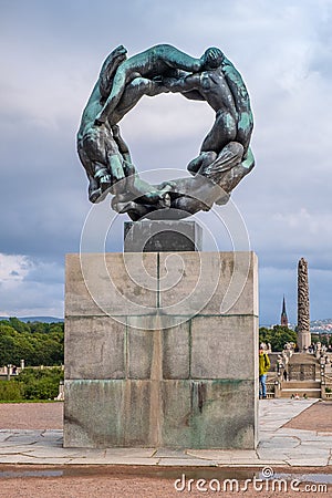 The wheel of life sculpture in Vigeland Park open air art exhibition - Vigelandsparken - surrounding Monolith sculpture, Editorial Stock Photo