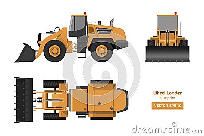 Wheel loader on white background. Top, side and front view. Hydraulic machinery image. Industrial drawing of bulldozer. Vector Illustration