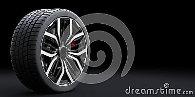 Wheel with modern alu rim on black background Cartoon Illustration