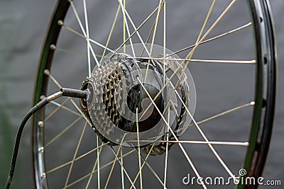 The wheel of a mountain electric bike in the workshop is a close-up on a black background. Repair of electric bicycles. Ecological Stock Photo