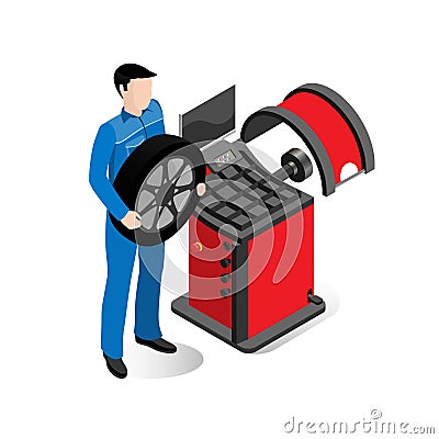Wheel repair specialist, equipment for car service Vector Illustration