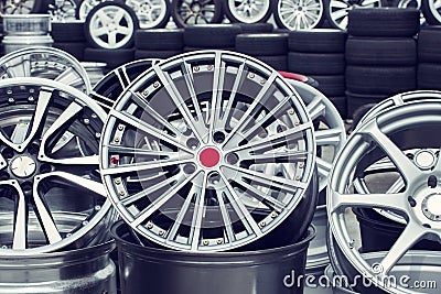Wheel rims on showcase Stock Photo