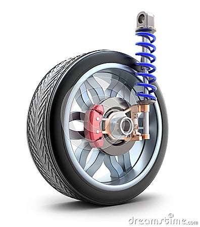 Wheel, shock absorber and brake pads Stock Photo