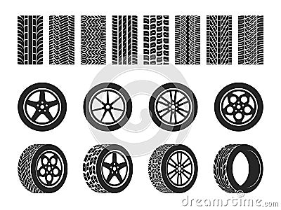 Wheel tires. Car tire tread tracks, motorcycle racing wheels and dirty tires track. Motocross bike trail, vehicle track Vector Illustration