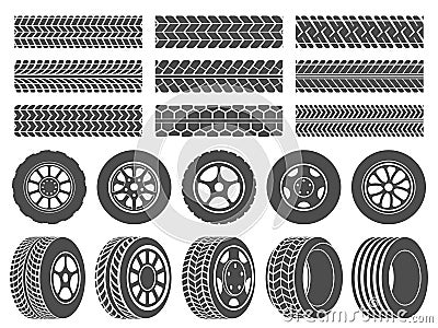 Wheel tires. Car tire tread tracks, motorcycle racing wheels icons and dirty tires track vector illustration set Vector Illustration