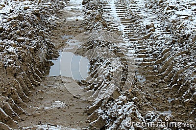 Wheel tracks on dirt and snow, impassable section of road Stock Photo