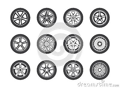 Wheel, tyre and tire collection of icons Vector Illustration