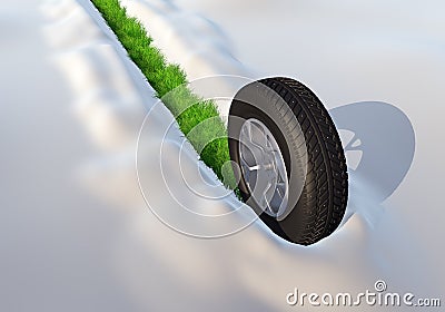 Wheel with Winter Tire Going through the Snow Leaving the Green Stock Photo