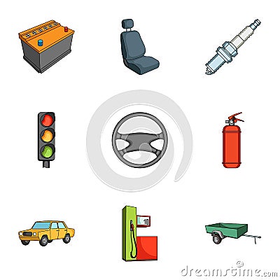 Wheel, wrench, jack and other equipment. Car set collection icons in cartoon style vector symbol stock illustration web. Vector Illustration