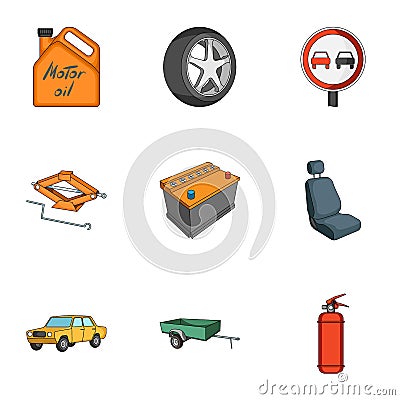 Wheel, wrench, jack and other equipment. Car set collection icons in cartoon style vector symbol stock illustration web. Vector Illustration