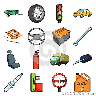 Wheel, wrench, jack and other equipment. Car set collection icons in cartoon style vector symbol stock illustration web. Vector Illustration