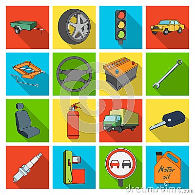 Wheel, wrench, jack and other equipment. Car set collection icons in flat style vector symbol stock illustration web. Vector Illustration