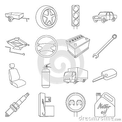 Wheel, wrench, jack and other equipment. Car set collection icons in line style vector symbol stock illustration web. Vector Illustration