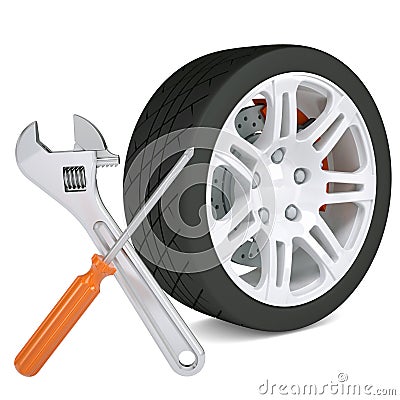 Wheel, wrench and a screwdriver Stock Photo