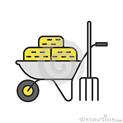 Wheelbarrow with bales of hay and pitchfork color icon Vector Illustration