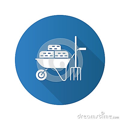 Wheelbarrow with bales of hay and pitchfork lflat design long sh Vector Illustration