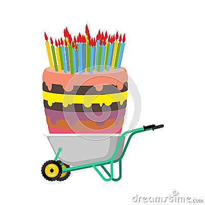 Wheelbarrow and big birthday cake. large Pie in garden trolley. Vector Illustration