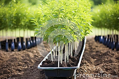 a wheelbarrow filled with a freshly planted tree saplings Stock Photo