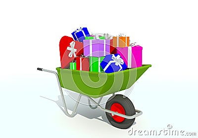 Wheelbarrow filled with gifts Stock Photo