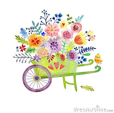 Wheelbarrow with flowers Cute watercolor card Stock Photo