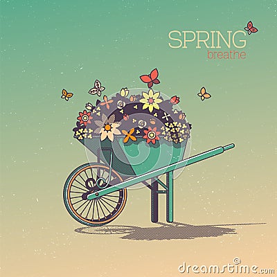 Wheelbarrow With Flowers in Retro Style. Spring Breathe Vector Illustration