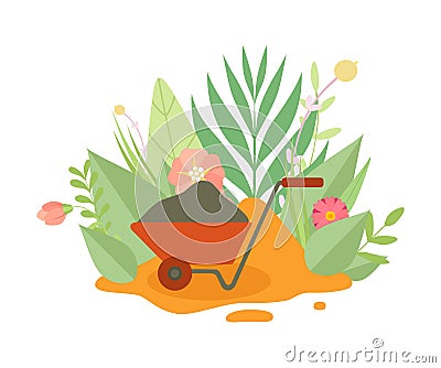 Wheelbarrow for Gardening or Construction Surrounded Blooming Flowers and Leaves in Spring or Summer Season Vector Vector Illustration