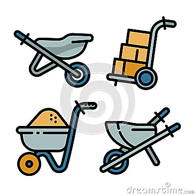 Wheelbarrow icons set, outline style Vector Illustration