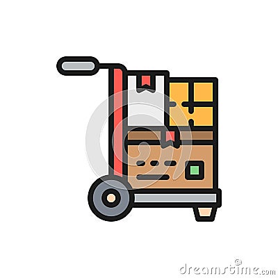 Wheelbarrow with parcels, delivery flat color icon. Vector Illustration