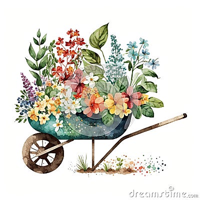 Wheelbarrow Planter Plans with Beautiful Sping Flowers Watercolor, Isolated on White Background - Generative AI Cartoon Illustration