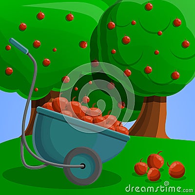 Wheelbarrow red apple concept banner, cartoon style Vector Illustration